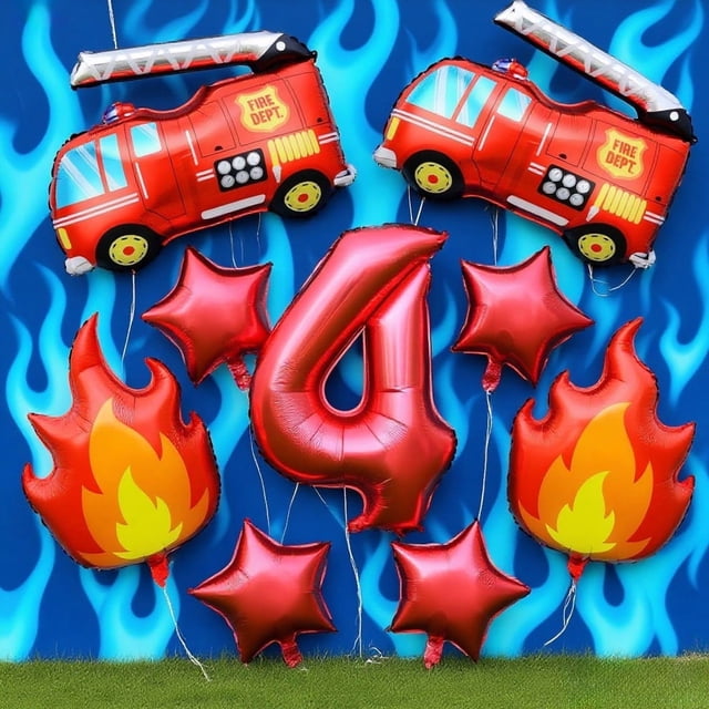 Ensemble de Ballons, Ballons Chiffres Rouges 0-9, 4 Étoiles, 2 Ballons Camion de Pompiers et 2 Ballons Flamme, pour Décoration de Fête d'Anniversaire, du Nouvel An et de Noël
