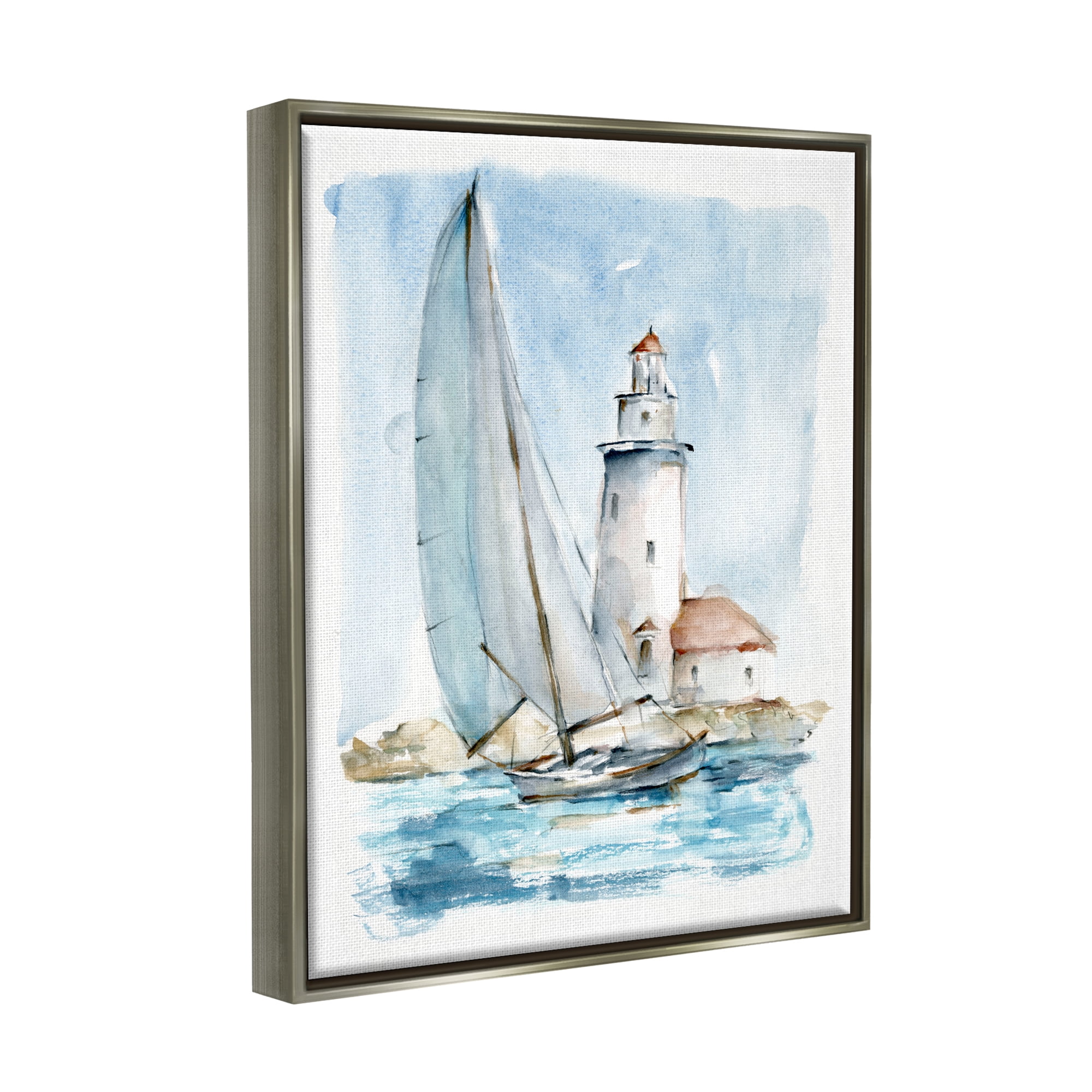 Stupell Industries Nautical Sailboat & Lighthouse Coastal Painting Gray Floater Framed Art Print Wall Art