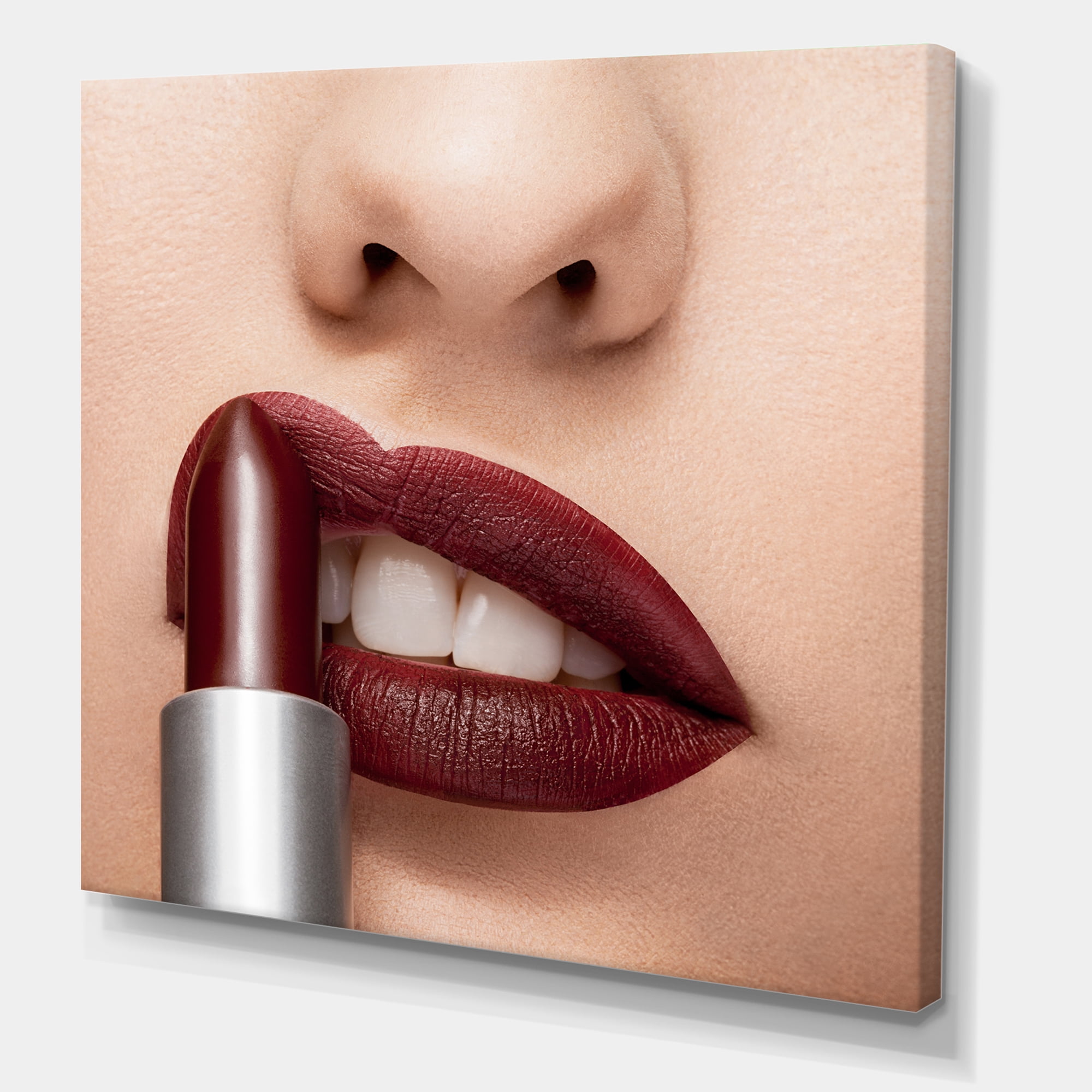 Designart ' Red Lipstick Getting Applyed On Woman Lips ' Modern Canvas Wall Art Print