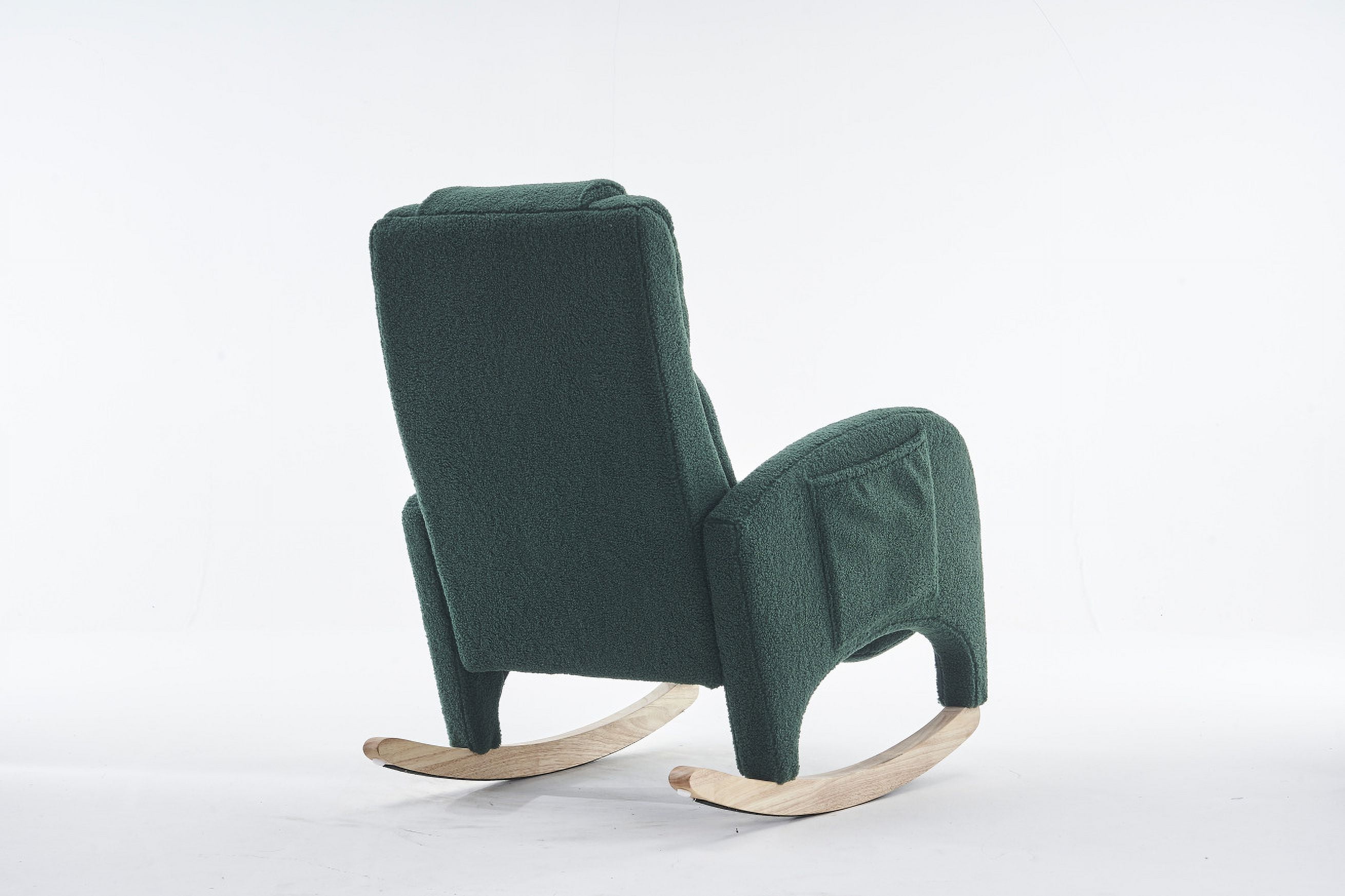Nursery Rocking Chair with Two Side Pockets & Adjustable Footrest, Teddy Fabric Rocker with High Backrest, Modern Rocking Accent Chair for Living Room, Bedroom, Green