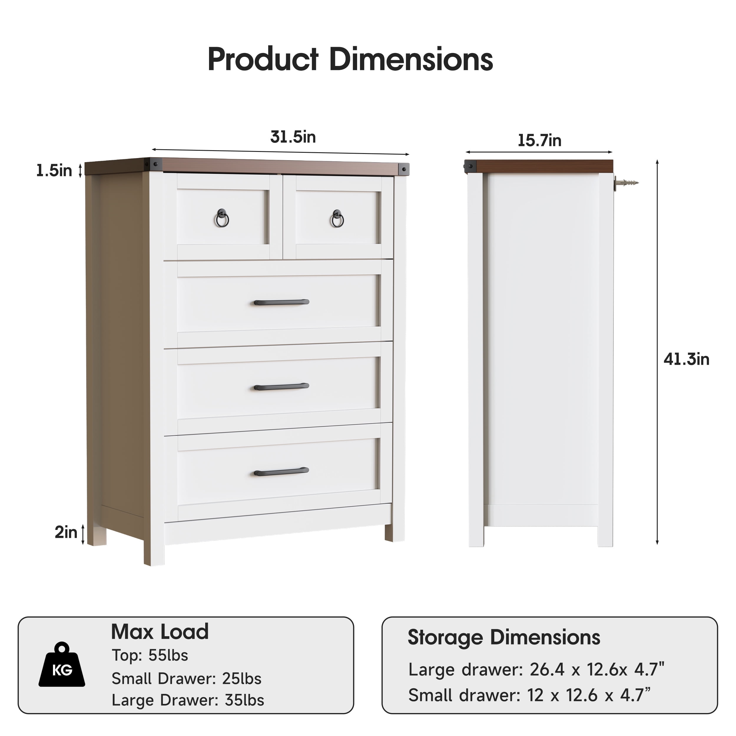 Vabches White 5 Drawer Dresser 41.3" Tall, Wood Wide Chest of Drawers for Bedroom Entryway Living Room Closets