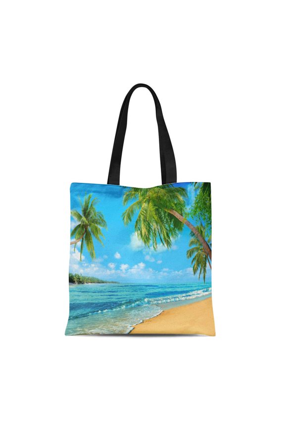 Canvas Tote Bag Ocean Beach Oceanfront Sea Palm Sand Cloud Coast Foam Durable Reusable Shopping Shoulder Grocery Bag
