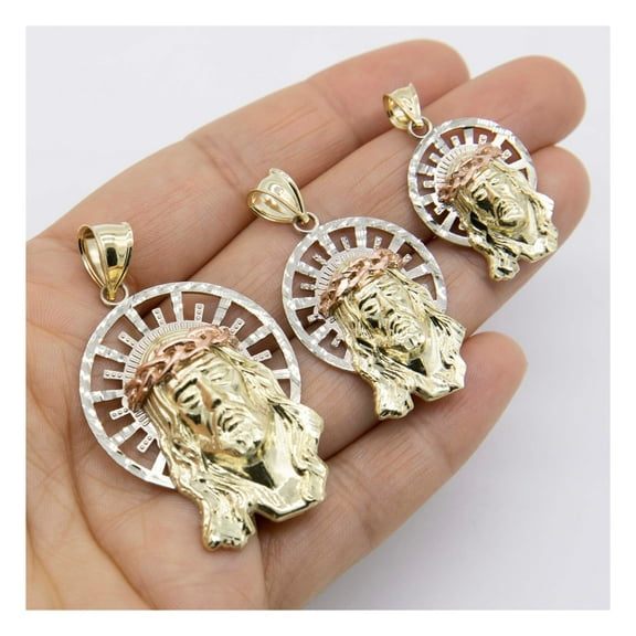 Diamond-Cut Face of Jesus with Halo Pendant Unisex Adult 10K Tri-Color Gold , All Sizes - Goldum NYC