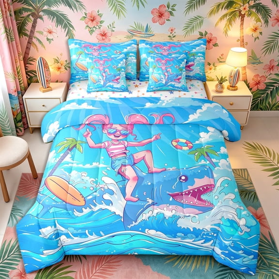 Castle Fairy Cute Cartoon Summer Surf Girl 7-Piece Twin Bedding,Shark Palm Bubble Kids Beach Art Bedding Comforter Set,Bright Cyan,Reversible