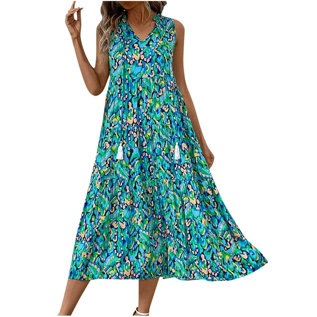 VEKDONE Robe d'Été pour Femme à Imprimé Floral, Col en V, Sans Manches, à Franges, Ample et Confortable, Bleu Marine, G