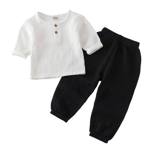 XDZJLR Boys Outfits Long Sleeve Solid Color Crewneck Button Loose Tops And Long Straight Pants Two Piece Set 12-18 Months