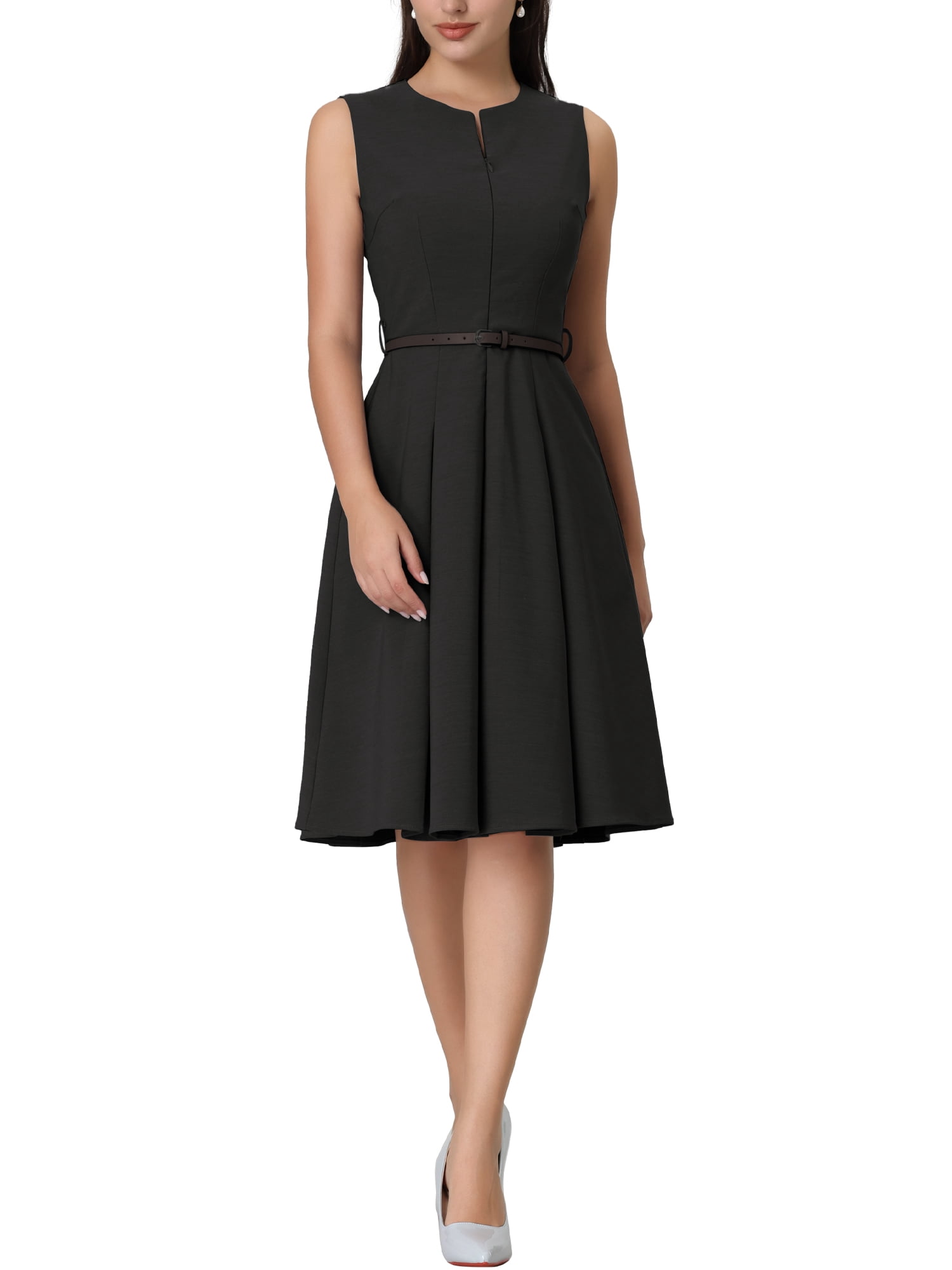 Unique Bargains Women's Sleeveless Dress Zip Up Belted Fit & Flare Work Dresses L Black