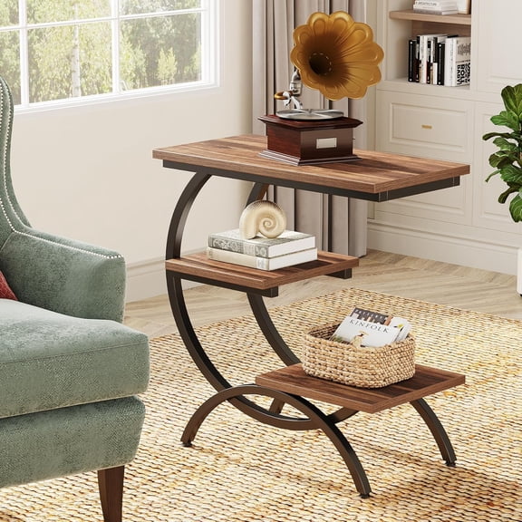 Finmind 3-Tier End Table, C-Shaped Small Side Table for Couch, Industrial Bedside Table, Wood Snack Side Table with Storage Shelves for Small Space, Living Room, Rustic Brown