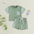thumbnail image 2 of Summer Outfits for Boys, Casual Sets for Little Boys Checkered Color Block Short Sleeve T-Shirt and Solid Drawstring Shorts Casual Toddler Outfit, 2 of 6