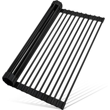 PLERISE Roll Up Dish Drying Rack Silicone Wrapped Over The Sink Dish Drying Rack Multipurpose Foldable Sink Drying Mat Anti-Slip & Anti-Rust Dish Rack for Kitchen, 17.5" x 13", Black