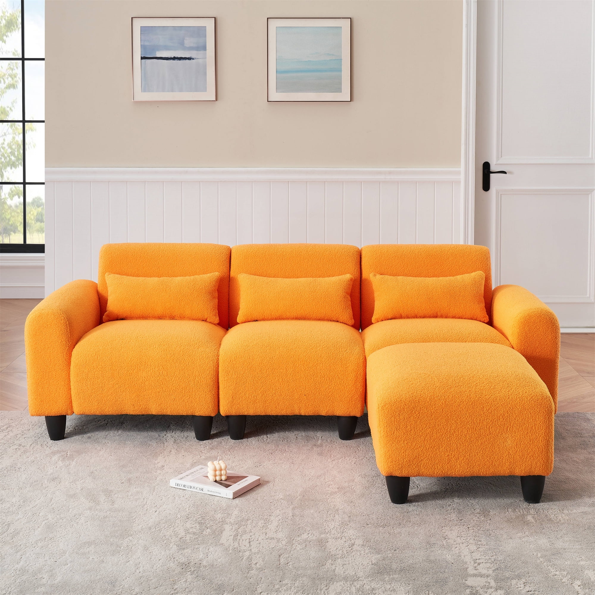 Aukfa Modular Sectional Sofa, Deep Seat Couch Set for Living Room, 3 Pillows, Orange Teddy Fleece