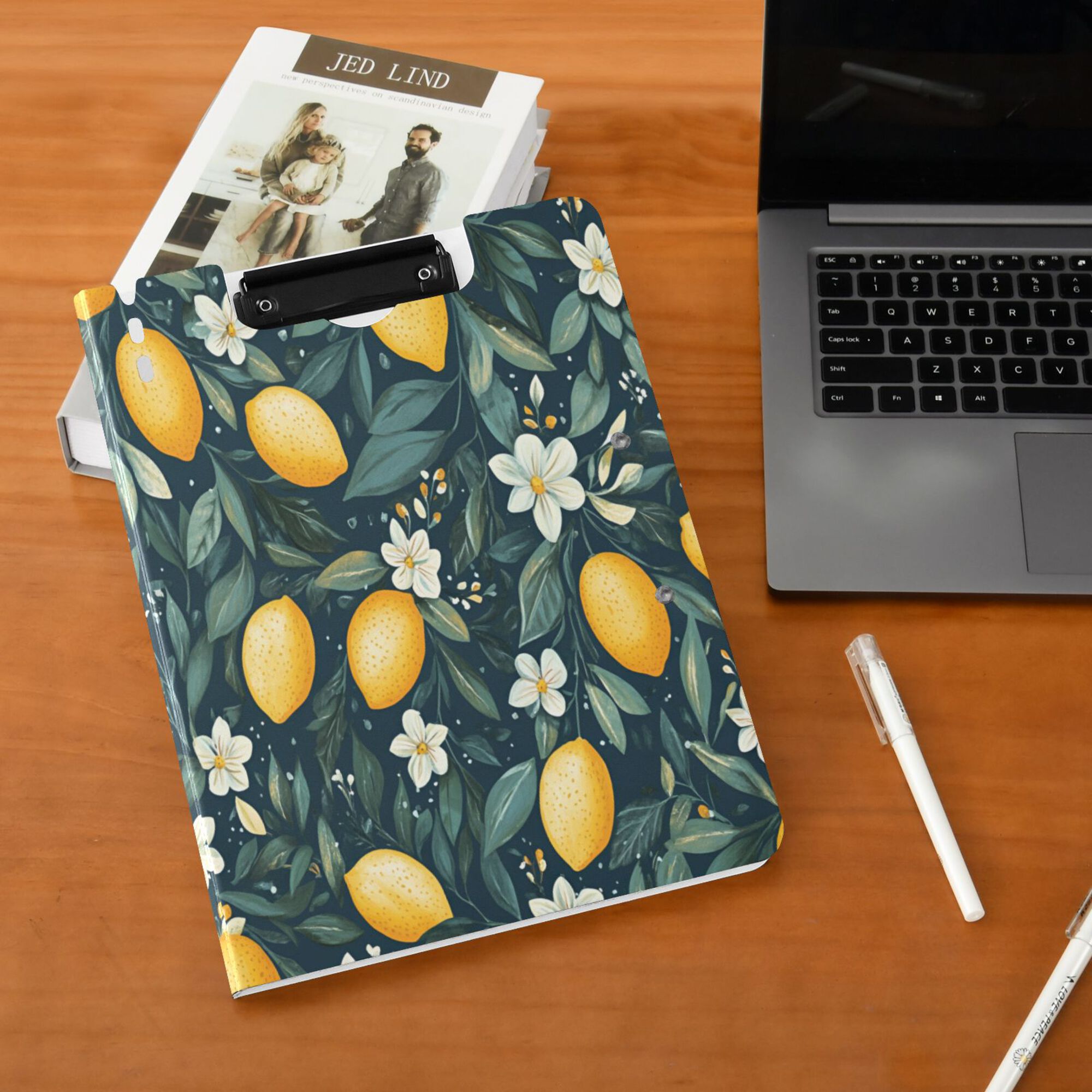 FORMRS A4 Clipboard Folder with Pen Holder Horizontal Foldable School Office Binder, Blue Floral Lemons