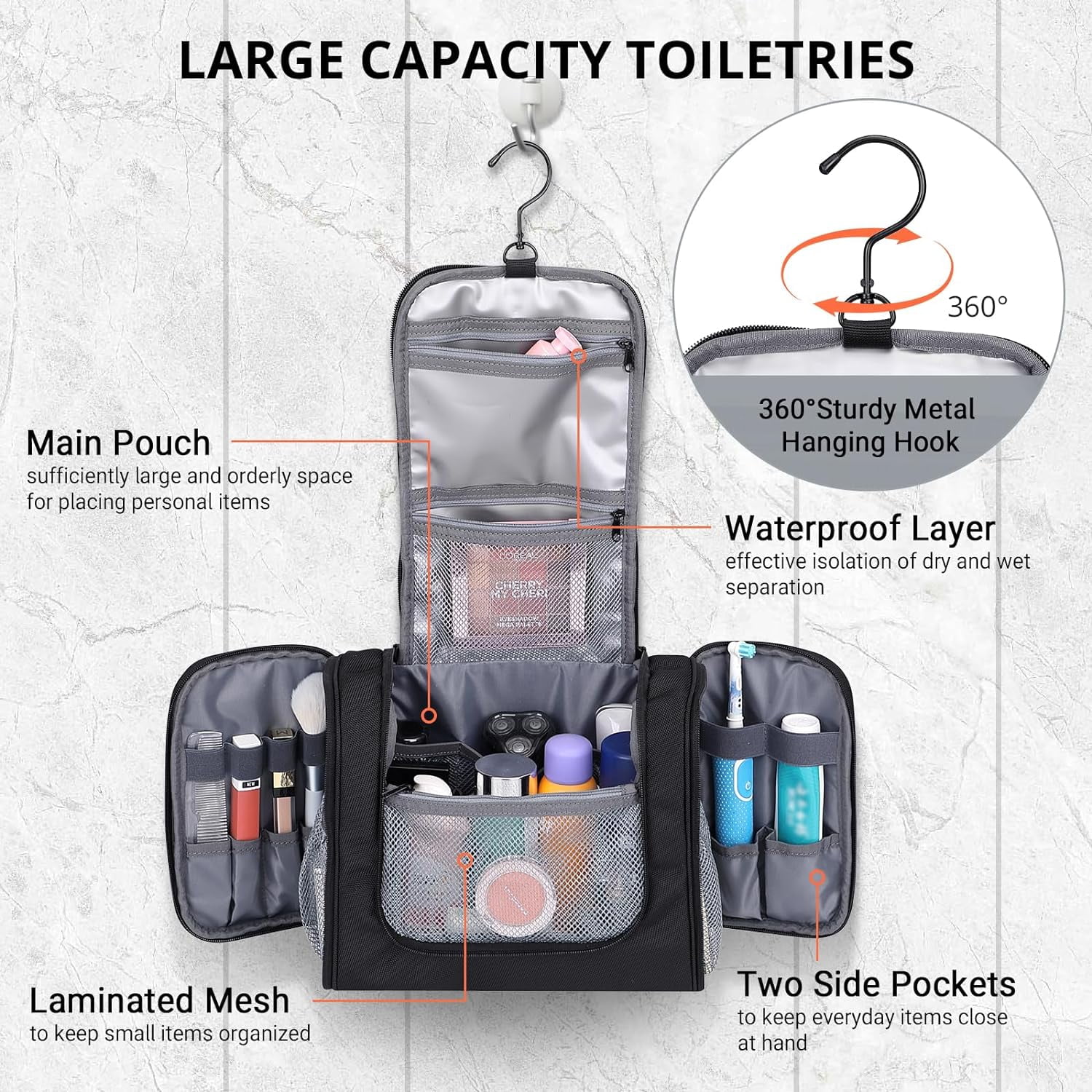 WITZMAN Toiletry Bag for Men Large Hanging Multi-Organization Bathroom Bag Water-Resistant Dopp Kit Shaving Bag Men(B690 Black)