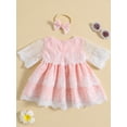 thumbnail image 3 of Little Girls  Casual Dress Toddler Half Sleeve Crew Neck Mesh Lace  Summer Princess Dress with Bowknot Headband For Birthday Party 6M-4Y, 3 of 9