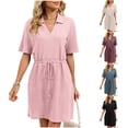 thumbnail image 2 of Bosfbaoi Women's Nightgown Waffle Knit Short Sleeve Nightgown Polo Neck Drawstring Waist Casual Sleep Dress, 2 of 8