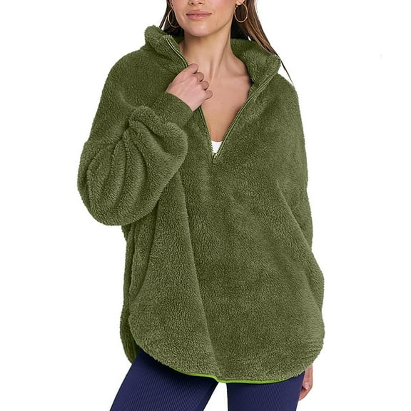 YUGYXL Womens Half Zip Sherpa Pullover Fuzzy Fleece Oversized Sweatshirts Long Sleeve Winter Warm Outerwear with Pockets Green XXL
