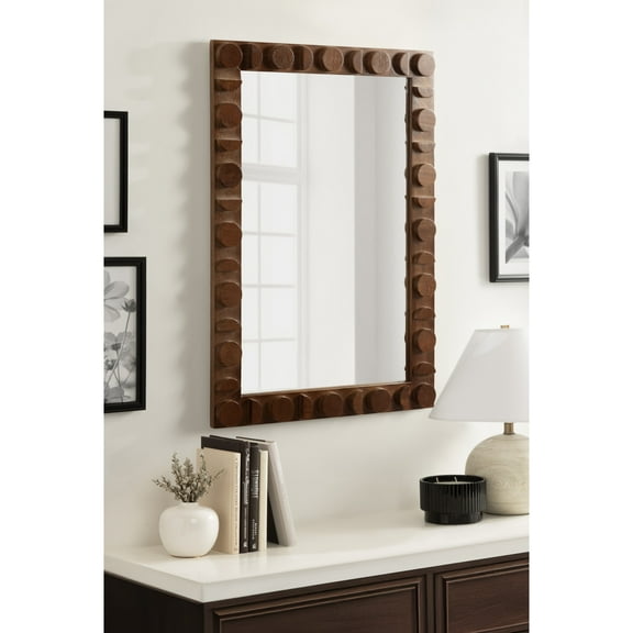 Kate and Laurel Lunara Modern Rectangle Wood Wall Mirror, 24 x 35, Walnut Brown, Mid-Century Dark Wooden Rectangular Bathroom Mirror for Over Sink with Geometric Detailing
