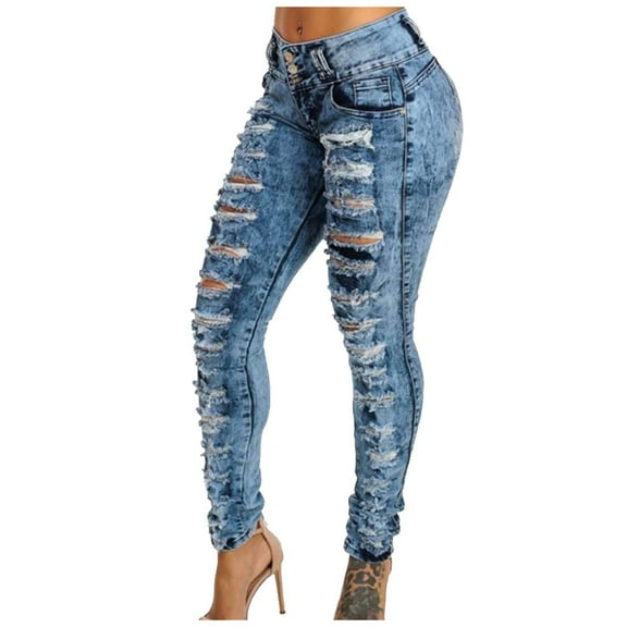 Idoravan Jeans for Women Clearance under $5 High Waisted Jeans for Women Ripped Women's Denim With Holes High Waisted Buckle Elastic Narrow Hem Pants