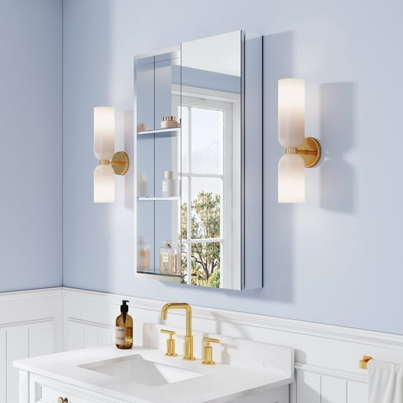 ANGELES HOME 24" x 36" Tri-View Aluminum Bathroom Medicine Cabinet and Open Shelf Set, Recessed or Surface Mount Wall Cabinet