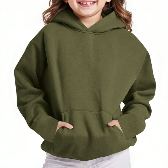 JUSLIO Girls Sweatshirts Fall/Winter Solid Color Hooded Sweatshirt Athletic Fall/Winter Long Sleeve Tops Sweatshirts Army Green(4 Years)