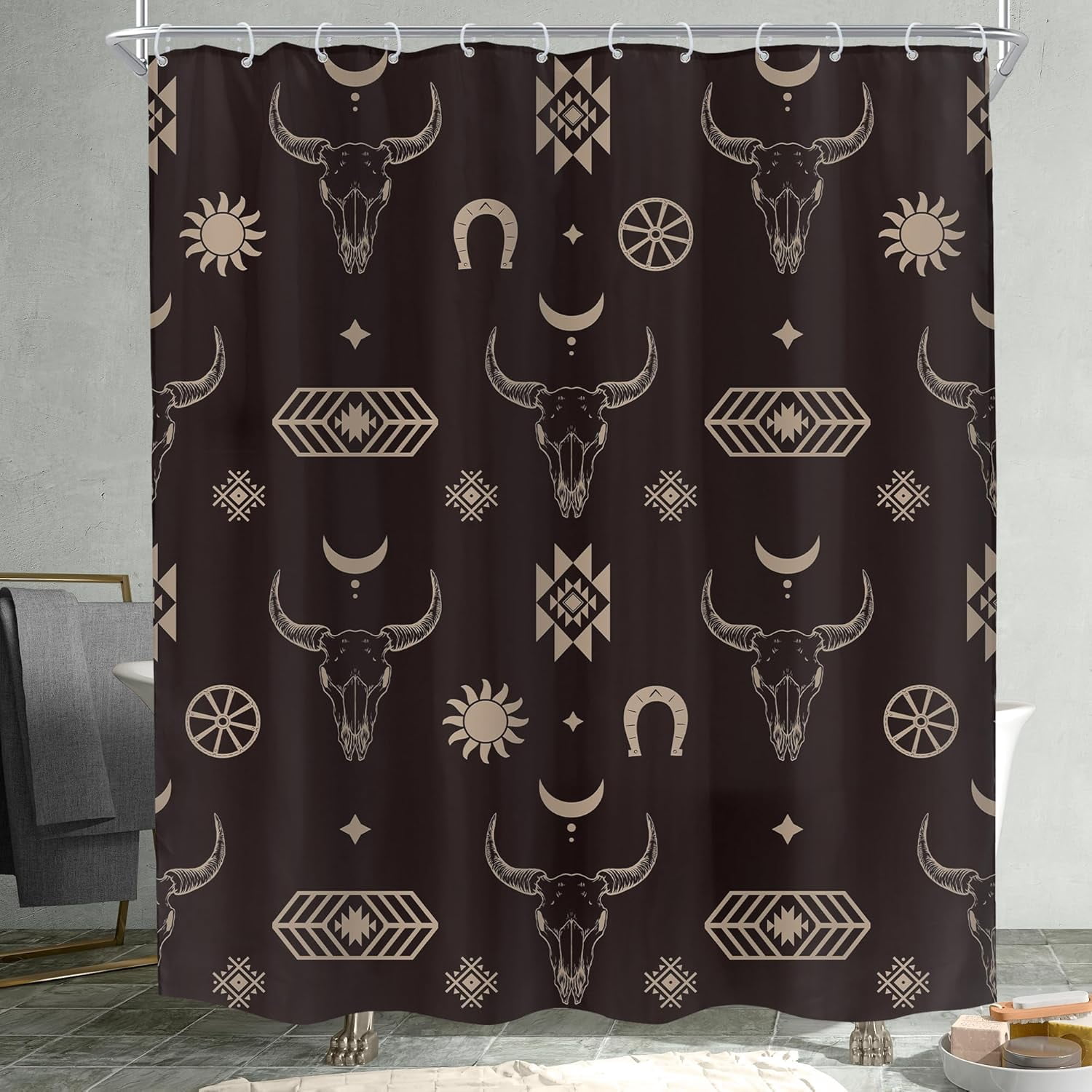 Western Bull Skull Shower Curtain for Bathroom Decor 72Wx72H Inches Boho Longhorn Cow Head Southwestern Aztec Tribal Abstract Geometric Retro Black Fabric Waterproof Polyester 12 Pack Hooks