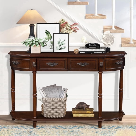 52" Retro Half Moon Console Table - Curved Wood Sofa Table with 2 Drawers & Open Shelf for Entryway, Living Room & Hallway in Cherry