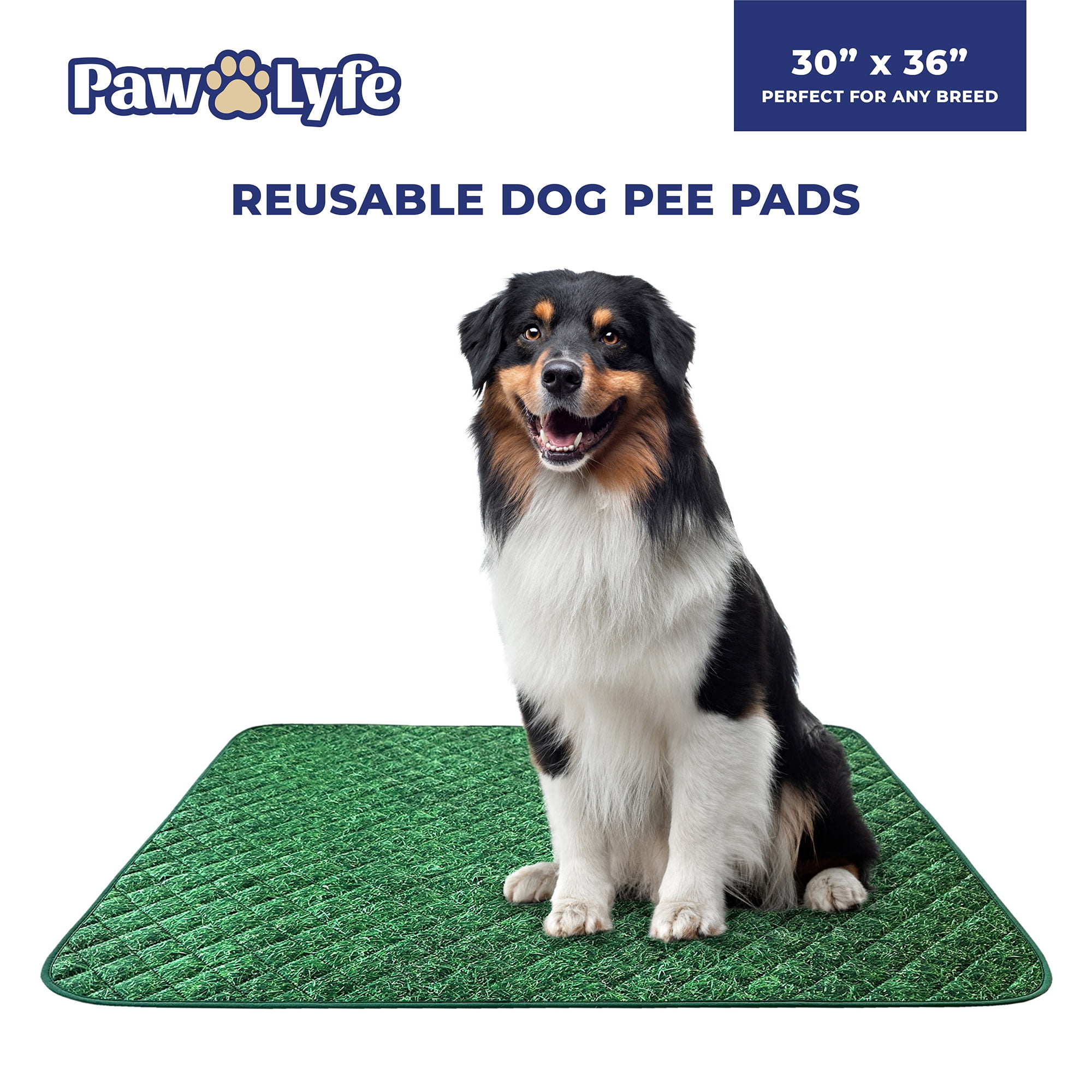 PawLyfe Dog Pee Pads, Reusable Puppy Pads, Pet Training Pads, Large Dog Pee Pad, Waterproof Pet Pads for Dog Bed Mat, Whelping Pads, Two 30"x36" Pads with Printed Grass Design