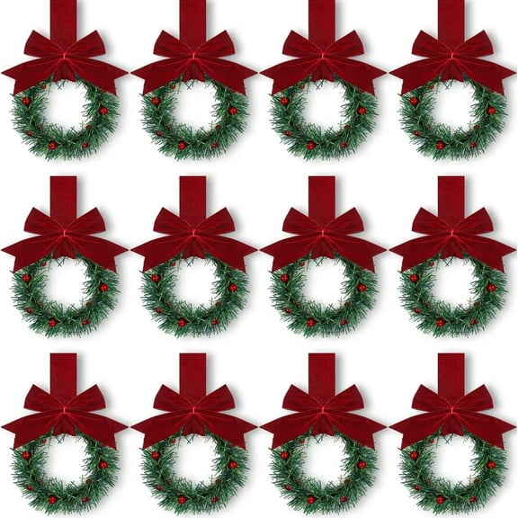 Pakyozj 12 Pcs Christmas Kitchen Cabinet Wreaths with Ribbon 3.94 Inch Mini Christmas Wreath Small Kitchen Xmas Decor for Window Door