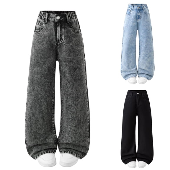 Babcutegg Women's High-Waisted Wide-Leg Denim Pants Solid-Color Stretch Cotton Blend Straight-Cut Jeans with Slanted Pockets and Relaxed Fit Black Size 12-13