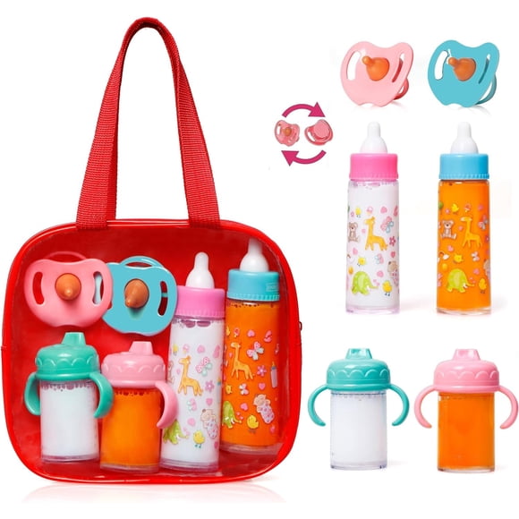 fash n kolor® Ma Douce Poupée Bébé Qui Disparaît Ensemble d'Alimentation / Soins pour Bébé Ensemble d'Alimentation de 6 Pcs pour Poussette Jouet / 2 Biberons de Lait et de Jus pour Poupée Bébé avec 2 Suces Jouets pour Poupées Bébé (Rouge)