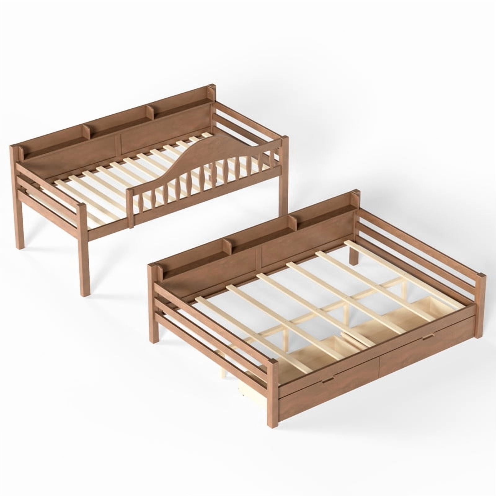 Twin Over Full Bunk Bed with 2 Storage Drawers, Solid Wood Kids Bunk Bed with Curved Guardrails, Side Storage Shelves and Ladder, No Box Spring Needed