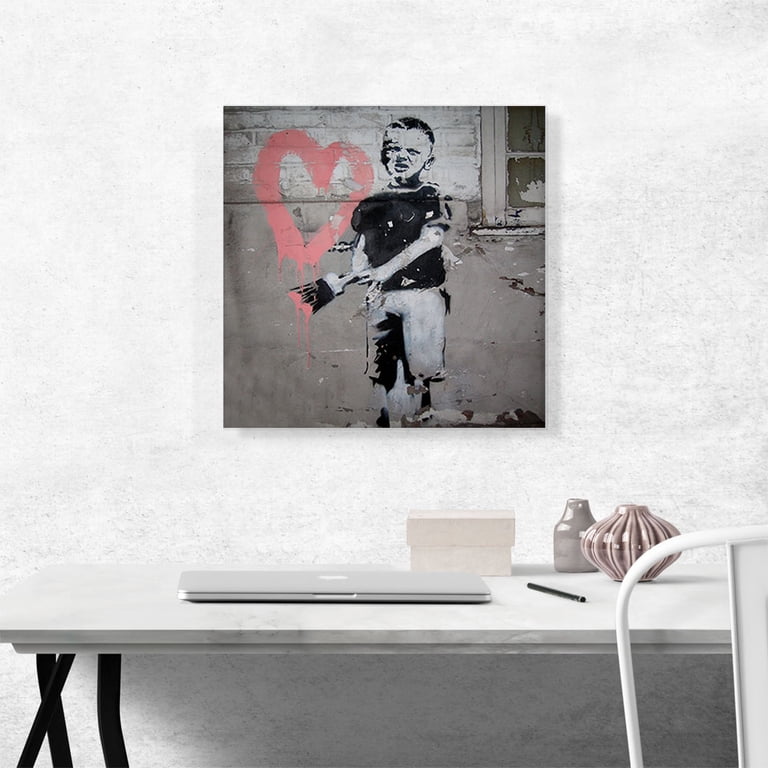ARTCANVAS Boy Painting Pink Heart Canvas Art Print by Banksy