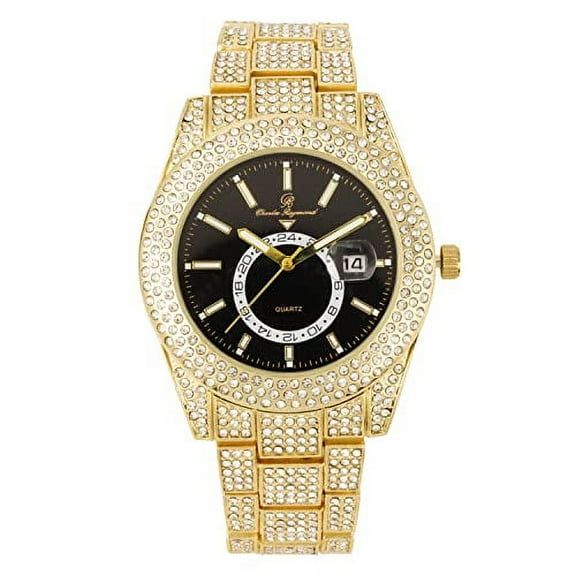 Charles Raymond Minimalist Designer Iced Out Watch with Date Window on dial A Hip Hop Clone Conspiracy Timepiece to Become a King of Bling - ST10328A (ST10328A Gold- Black)