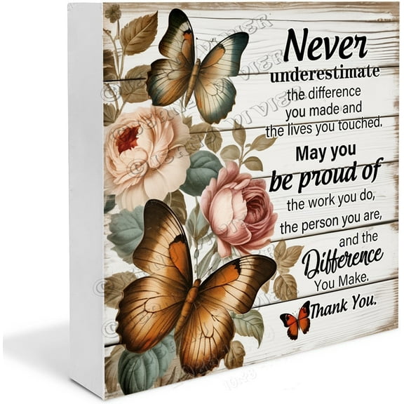 Butterfly & Flower Coworker Retirement Gift for Women Inspirational Quote Thank You Gift Going Away Gift for Coworkers Colleagues Rustic Wooden Box Sign Desk Decor 7"x7"