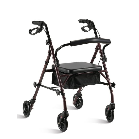 Naipo Rollator Walker with Seat, Steel Folding Rolling Medical Walker with 6 Inch Wheels, Supports up to 350 lbs, Burgundy Frame