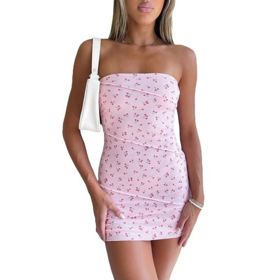 Elippeo Women Wrap Chest Bodycon Dress Floral Print Strapless Backless Cocktail Dress Party Club Skinny Mini Dress