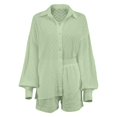 thumbnail image 5 of Short Sets for Women Textured Long Puff Sleeve Button Collared Shirt and Shorts 2 Piece Matching Set Beach Vacation Sets, 5 of 6