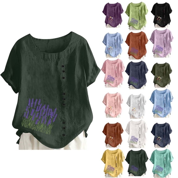 DYTTDG Women's Floral Print Linen Blend Top, Casual Summer T-Shirt With Crew Neck Short Sleeve Button