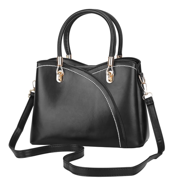 Women's PU Leather Satchel Handbag, Medium Top-Handle Tote with Detachable Adjustable Crossbody Strap, Black