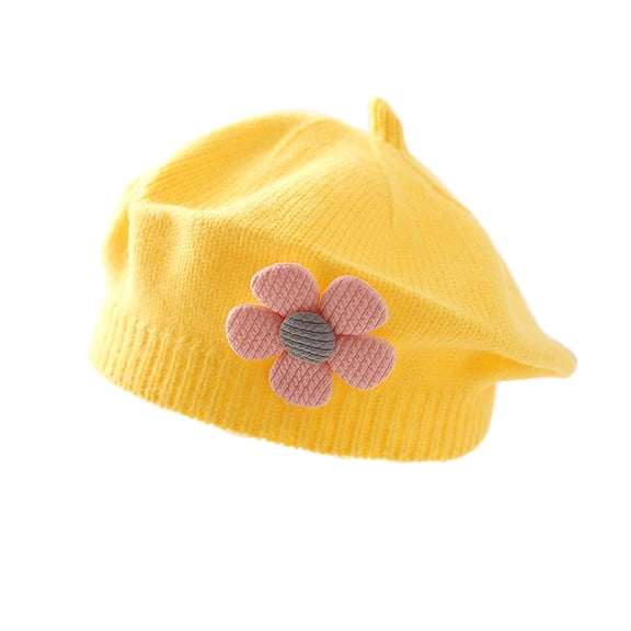 HAiming Baby Girl Cotton Knit Beret Hats Soft Comfortable Winter Solid Color Cap with 3D Cute Flower