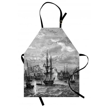 Antique Apron Departing from Elba Vintage Engraved Illustration History of France Sails Vessels, Unisex Kitchen Bib Apron with Adjustable Neck for Cooking Baking Gardening, Black Grey, by (Best Vessels For Cooking)