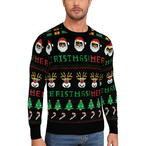 QDG Mens Ugly Christmas Sweater Reindeer Snowflakes Funny Fairisle Pullover Knit Crewneck