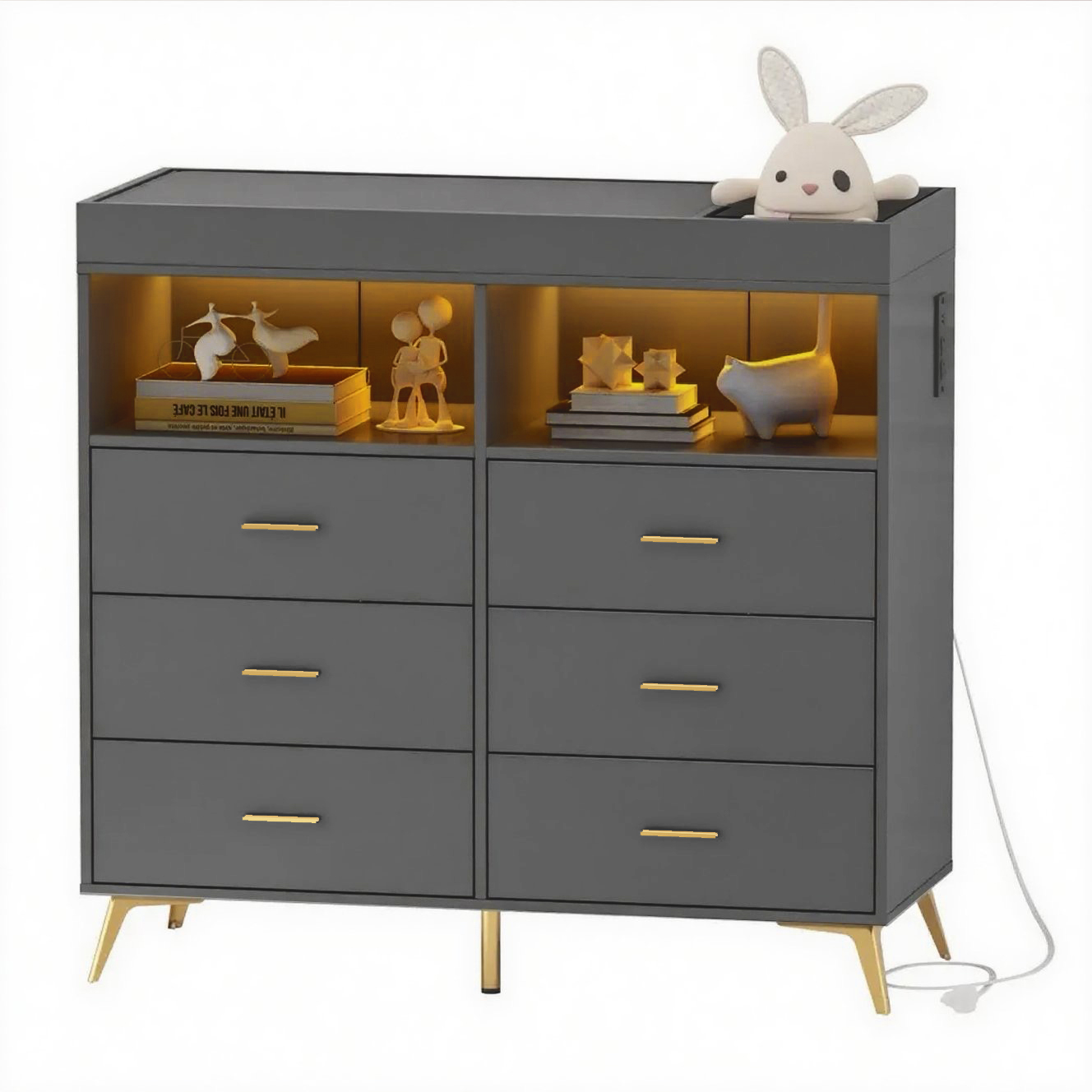 6 Drawer Dresser with LED Lights and Charging Station, Baby Changing Table with Storage, 43 Inches for Nursery Bedroom
