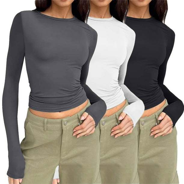 Gibobby Camisa Moda Camisa De Manga Larga De 3 Piezas Para Mujer Versión Corta Básica De La Parte Superior Para Salir Capa De Ropa Interior De Otoño Versión Slim Fit De La Parte(Gris, M)