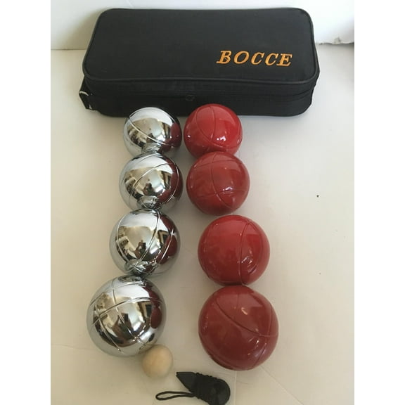 BuyBocceBalls Listing - 73mm Metal Bocce/Petanque 8 Ball Set with 4 Silver and 4 red Balls and Black Bag