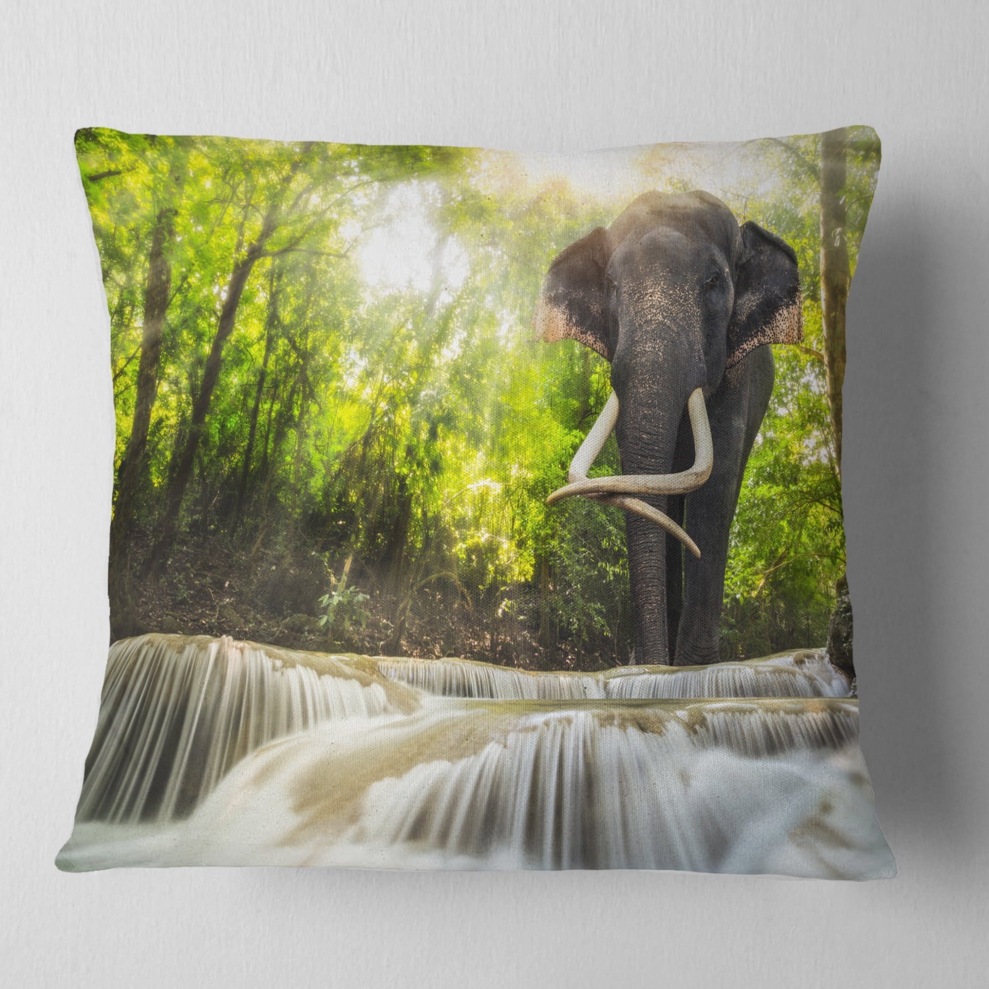 Designart Erawan Waterfall with Elephant - Photography Throw Pillow - 16x16