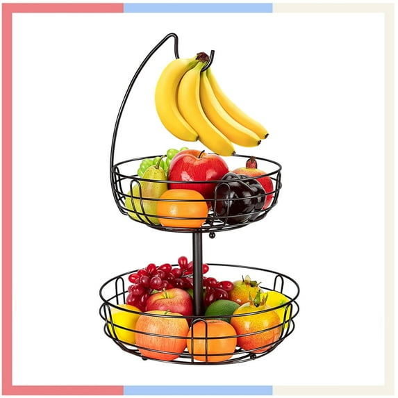 2 Tier Metal Wire Fruit Vegetable Basket Bowl with Banana Hanger, Detachable Basket for Kitchen Counter, Bronze