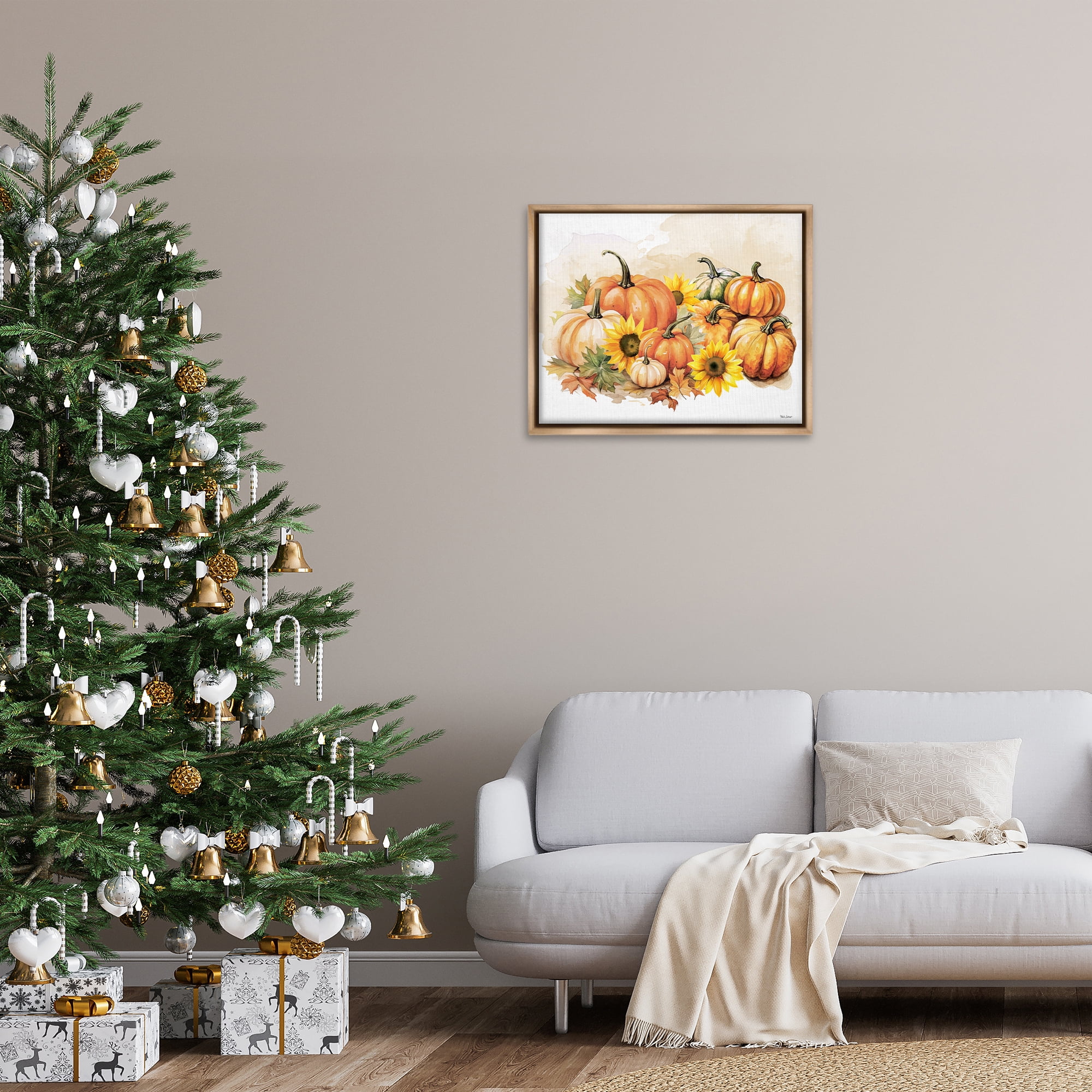 Stupell Industries Pumpkin & Sunflower Bundle Botanical & Floral Painting Brown Floater Framed Canvas Art Prints Wall Art, 31 x 25