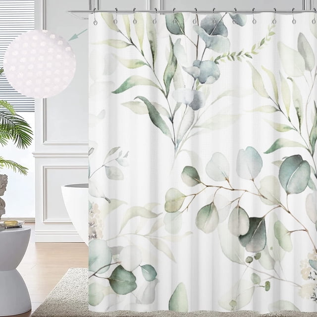Cortinas de ducha con diseño de hojas de eucalipto, fondo con peso, color verde salvia, acuarela, plantas botánicas, tela texturizada, cortina de baño, decoración del hogar, impermeable, lavable, con