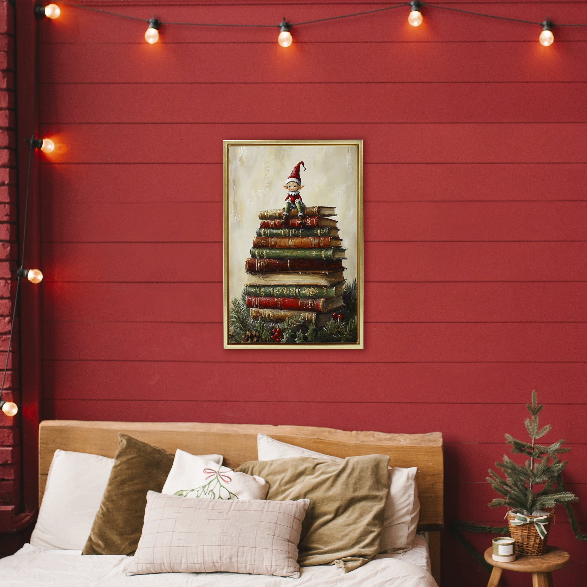 Christmas Elf Bookstack Gold Framed Floater Canvas Wall Art, design by Petal Prints Design